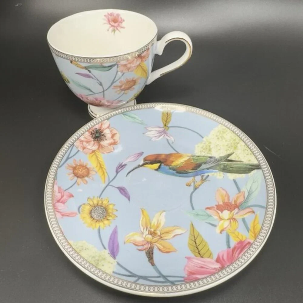 Shabby Chic Fine Porcelain Teacup And Saucer‎ Set Tea Cup Plate Blue Floral Bird